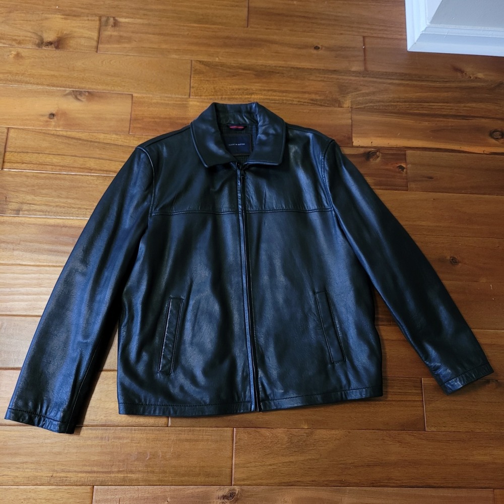 Tommy Hilfiger Mens XL Filled‎ Genuine Leather Laydown Collar Jacket Black